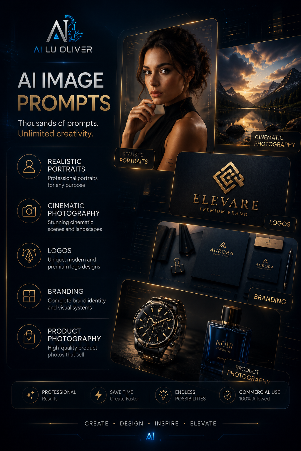 AI Image Prompts Library showcasing realistic portraits, cinematic photography, logos, branding design and product photography examples created with artificial intelligence.