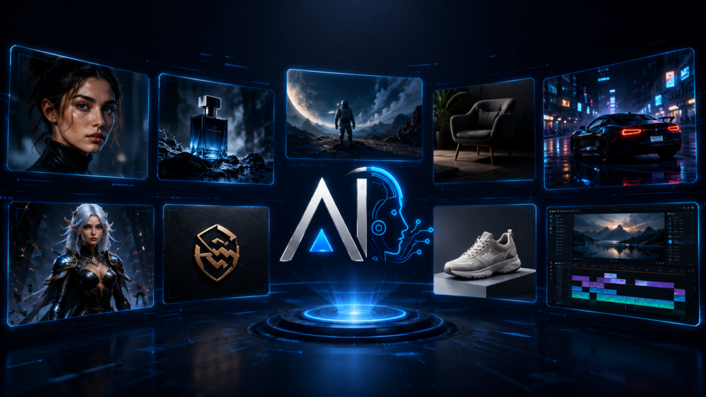 AI prompt library showcasing realistic portraits, logos, cinematic scenes, character design, product photography, and AI video creation.