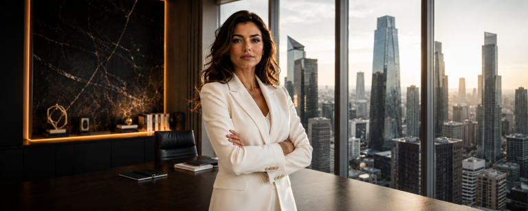 Professional female executive standing in a luxury corporate office with panoramic city skyline view, cinematic business portrait banner.