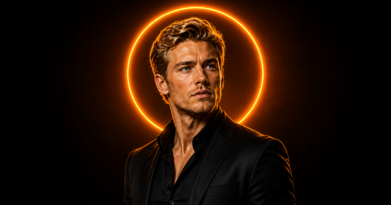 Professional male portrait with orange halo lighting and luxury fashion style
